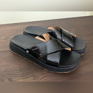 UGG Emily Black Patent Crisscross Slide Sandals with Platform Sole